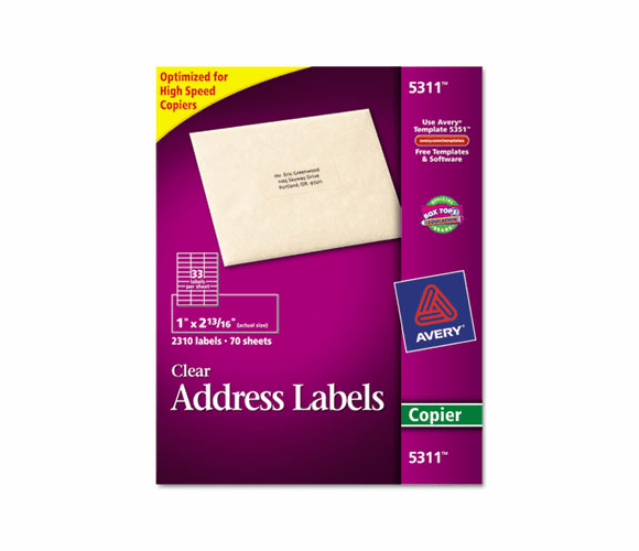 AVE5311 Self-Adhesive Mailing Labels for Copiers, 1 x 2-13/16, Clear, 2310/Pack By AVERY-DENNISON