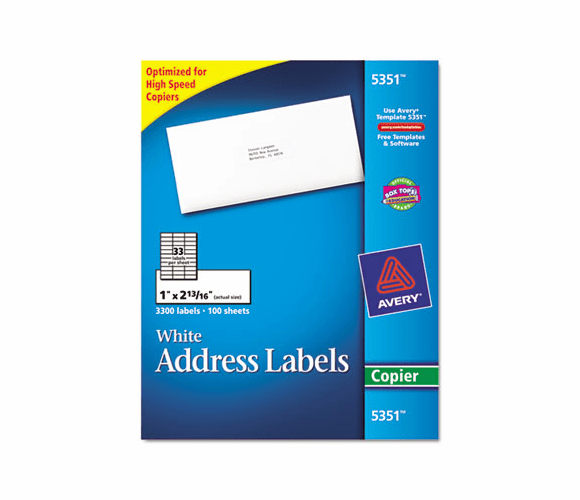 AVE5351 Self-Adhesive Address Labels for Copiers, 1 x 2-13/16, White, 3300/Box By AVERY-DENNISON