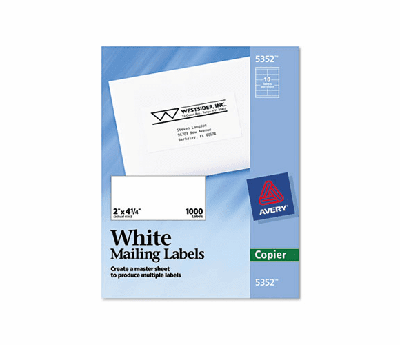 AVE5352 Self-Adhesive Shipping Labels for Copiers, 2 x 4-1/4, White, 1000/Box By AVERY-DENNISON