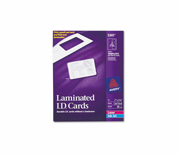 AVE5361 Laminated Laser/Inkjet ID Cards, 2 1/4 x 3 1/2, White, 30/Box By AVERY-DENNISON