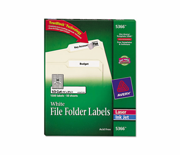 AVE5366 Permanent Self-Adhesive Laser/Inkjet File Folder Labels, White, 1500/Box By AVERY-DENNISON