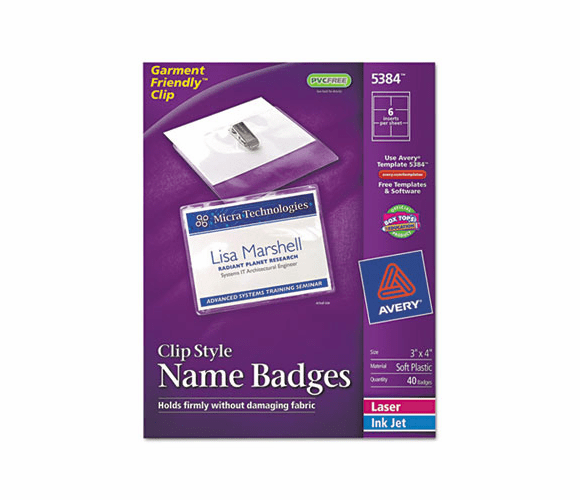 AVE5384 Badge Holders w/Laser/Inkjet Inserts, Top Load, 3 x 4, White, 40/Box By AVERY-DENNISON