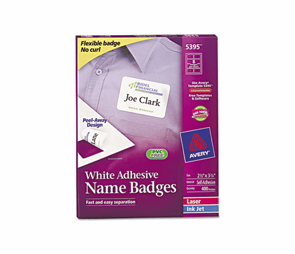AVE5395 Flexible Self-Adhesive Laser/Inkjet Name Badge Labels, 2-1/3 x 3-3/8, WE, 400/Bx By AVERY-DENNISON