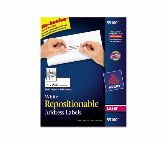AVE55160 Re-hesive Laser Labels, 1 x 2 5/8, White, 3000/Pack By AVERY-DENNISON
