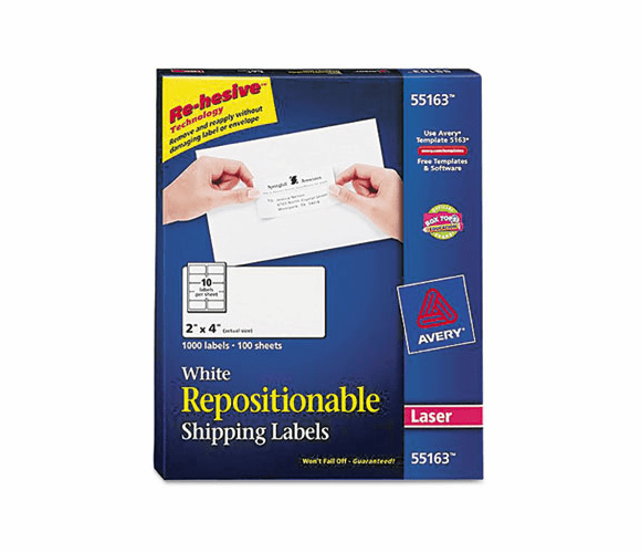 AVE55163 Re-hesive Laser Labels, 2 x 4, White, 1000/Pack By AVERY-DENNISON