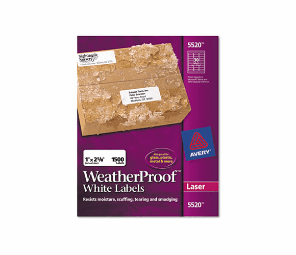 AVE5520 White Weatherproof Laser Shipping Labels, 1 x 2-5/8, 1500/Pack By AVERY-DENNISON