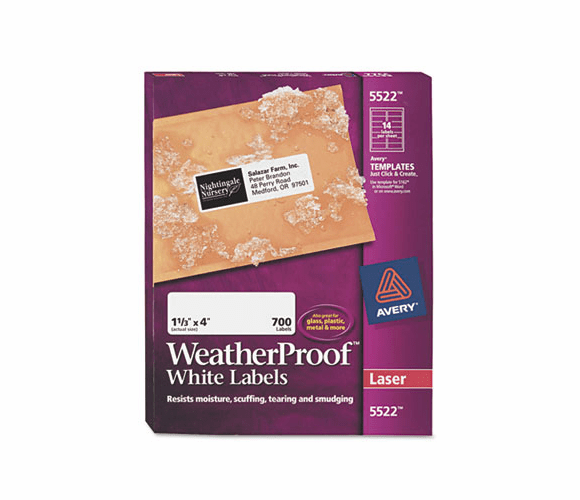 AVE5522 White Weatherproof Laser Shipping Labels, 1-1/3 x 4, 700/Pack By AVERY-DENNISON