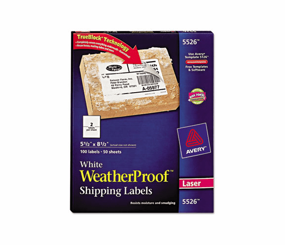 AVE5526 White Weatherproof Laser Shipping Labels, 5-1/2 x 8-1/2, 100/Pack By AVERY-DENNISON