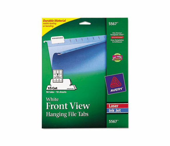 AVE5567 Print/Write-On Hanging Tabs, 1/5 Tab, 2 1/16 Inch, White, 90/Pack By AVERY-DENNISON