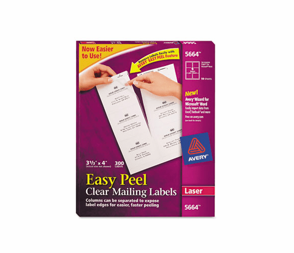 AVE5664 Easy Peel Laser Mailing Labels, 3-1/3 x 4, Clear, 300/Box By AVERY-DENNISON