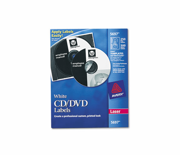 AVE5697 Laser CD/DVD Labels, Matte White, 250/Pack By AVERY-DENNISON