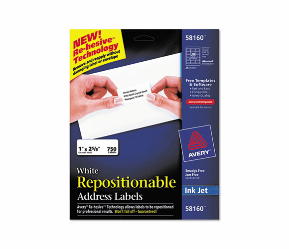 AVE58160 Re-hesive Inkjet Labels, 1 x 2 5/8, White, 750/Pack By AVERY-DENNISON