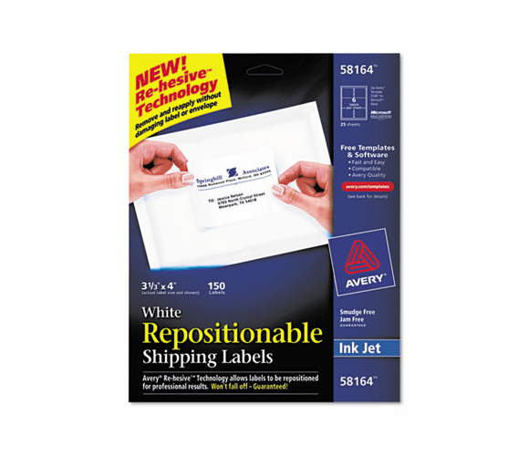 AVE58164 Re-hesive Inkjet Labels, 3 1/3 x 4, White, 150/Pack By AVERY-DENNISON