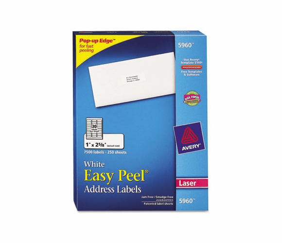 AVE5960 Easy Peel Laser Address Labels, 1 x 2-5/8, White, 7500/Box By AVERY-DENNISON