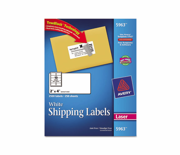 AVE5963 Shipping Labels with TrueBlock Technology, 2 x 4, White, 2500/Box By AVERY-DENNISON
