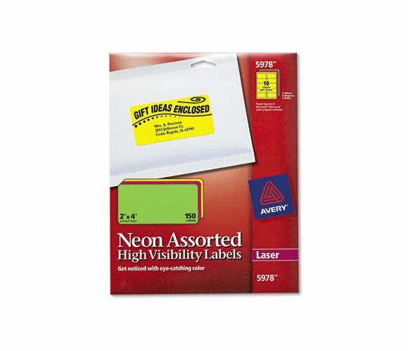 AVE5978 High-Visibility Laser Labels, 2 x 4, Assorted Neons, 150/Pack By AVERY-DENNISON