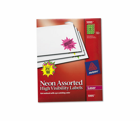 AVE5995 Burst Laser Labels, 2-1/4in dia, Assorted Neon Colors, 180/Pack By AVERY-DENNISON