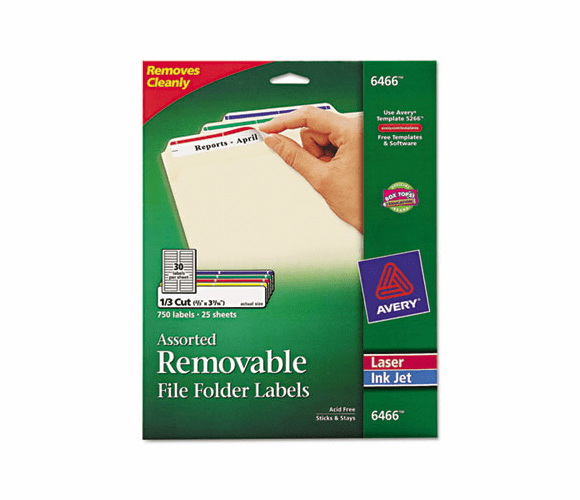 AVE6466 Removable Filing Labels for Inkjet/Laser, 2/3 x 3-7/16, Assorted, 750/Pack By AVERY-DENNISON