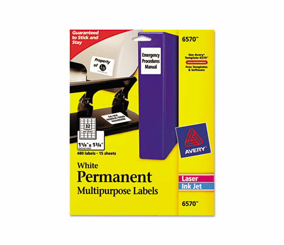 AVE6570 Permanent ID Laser Labels, 1-1/4 x 1-3/4, White, 480/Pack By AVERY-DENNISON