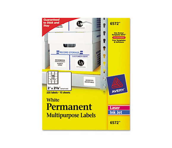 AVE6572 Permanent ID Laser Labels, 2 x 2-5/8, White, 225/Pack By AVERY-DENNISON