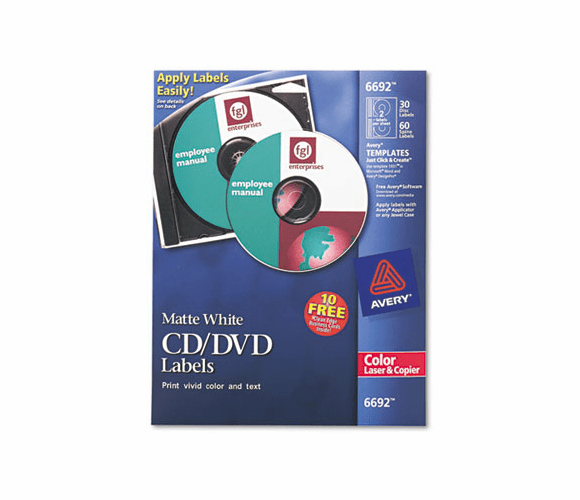 AVE6692 Laser CD/DVD Labels, Matte White, 30/Pack By AVERY-DENNISON