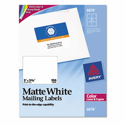 AVE6874 Shipping Labels for Color Laser & Copier, 3 x 3-3/4, Matte White, 150/Pack By AVERY-DENNISON