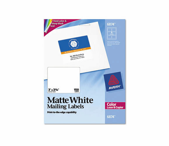 AVE6874 Shipping Labels for Color Laser & Copier, 3 x 3-3/4, Matte White, 150/Pack By AVERY-DENNISON