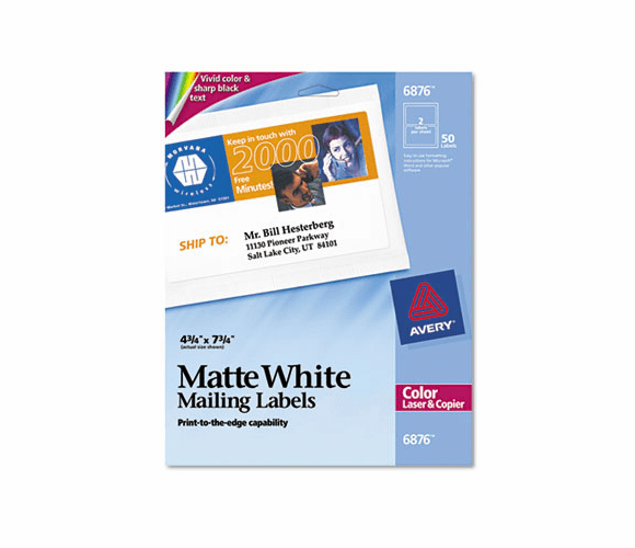 AVE6876 Shipping Labels for Color Laser & Copier, 4-3/4 x 7-3/4, Matte White, 50/Pack By AVERY-DENNISON