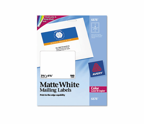 AVE6878 Shipping Labels for Color Laser & Copier, 3-3/4 x 4-3/4, Matte White, 100/Pack By AVERY-DENNISON