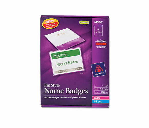 AVE74540 Badge Holders w/Laser/Inkjet Inserts, Top Loading, 3 x 4, White, 100/Box By AVERY-DENNISON