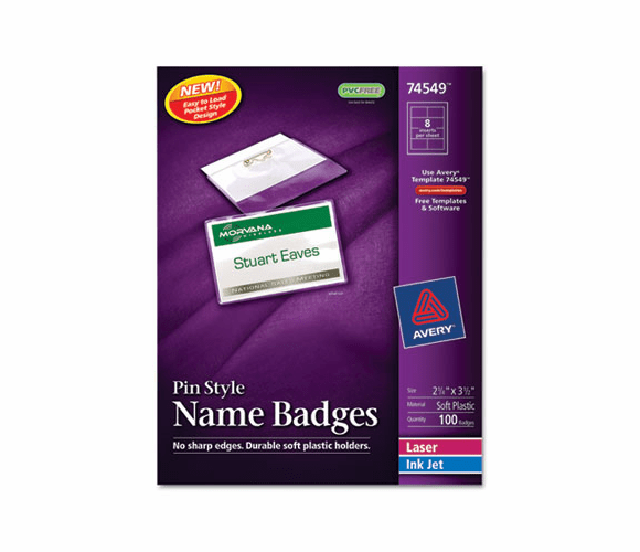 AVE74549 Badge Holders w/Laser/Inkjet Inserts, Top Loading, 2 1/4 x 3 1/2, White, 100/Box By AVERY-DENNISON