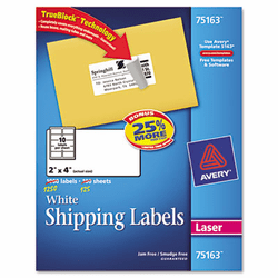 AVE75163 Shipping Labels with TrueBlock Technology, 2 x 4, White, 1250 Labels/Box By AVERY-DENNISON