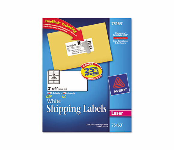 AVE75163 Shipping Labels with TrueBlock Technology, 2 x 4, White, 1250 Labels/Box By AVERY-DENNISON