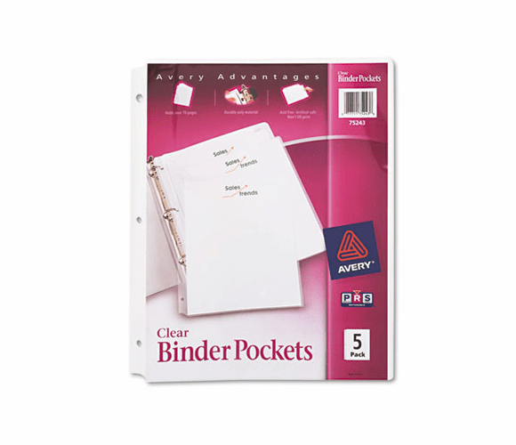 AVE75243 Ring Binder Polypropylene Pockets, 8-1/2 x 11, Clear, 5 Pockets/Pack By AVERY-DENNISON