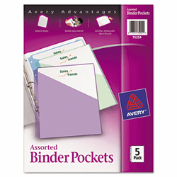 AVE75254 Ring Binder Polypropylene Pockets, 8-1/2 x 11, Assorted Colors, 5 Pockets/Pack By AVERY-DENNISON