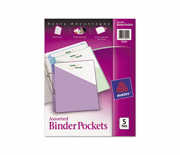 AVE75254 Ring Binder Polypropylene Pockets, 8-1/2 x 11, Assorted Colors, 5 Pockets/Pack By AVERY-DENNISON