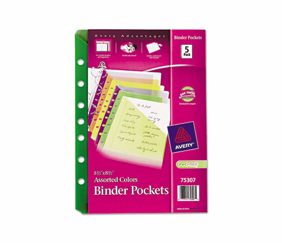 AVE75307 Small Binder Polypropylene Pockets, 7-Hole Punched, Assorted, 5-1/2 x 11, 5/Pk By AVERY-DENNISON