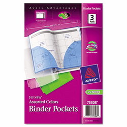 AVE75308 Fold-Out Binder Pockets, 5-1/2 x 8-1/2, Assorted, 3/Pack By AVERY-DENNISON