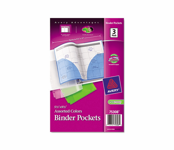 AVE75308 Fold-Out Binder Pockets, 5-1/2 x 8-1/2, Assorted, 3/Pack By AVERY-DENNISON