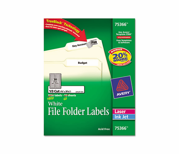 AVE75366 Permanent Self-Adhesive Laser/Inkjet File Fldr Labels, 3-7/16x2/3, WE, 1800/Box By AVERY-DENNISON