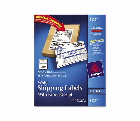 AVE8127 Shipping Labels with Paper Receipt, 5 1/16 x 7 5/8, White, 25/Pack By AVERY-DENNISON