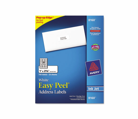 AVE8160 Easy Peel Inkjet Address Labels, 1 x 2-5/8, White, 750/Pack By AVERY-DENNISON