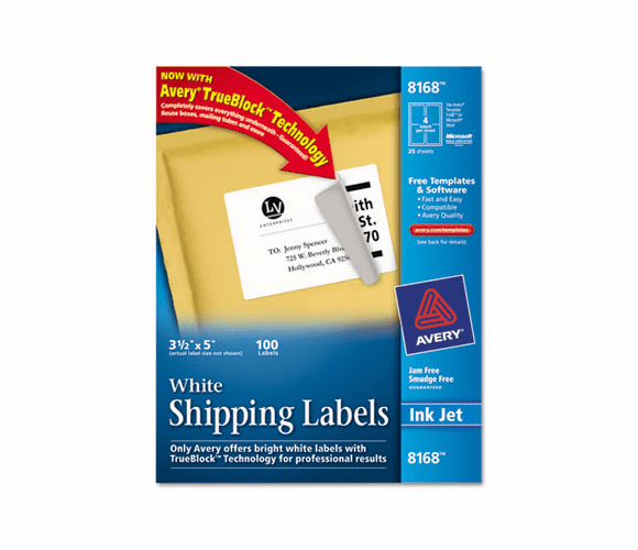AVE8168 Shipping Labels with TrueBlock Technology, 3-1/2 x 5, White, 100/Pack By AVERY-DENNISON