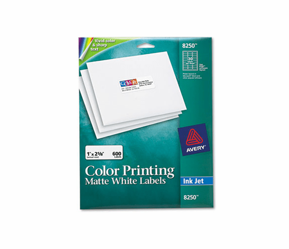 AVE8250 Inkjet Labels for Color Printing, 1 x 2-5/8, Matte White, 600/Pack By AVERY-DENNISON