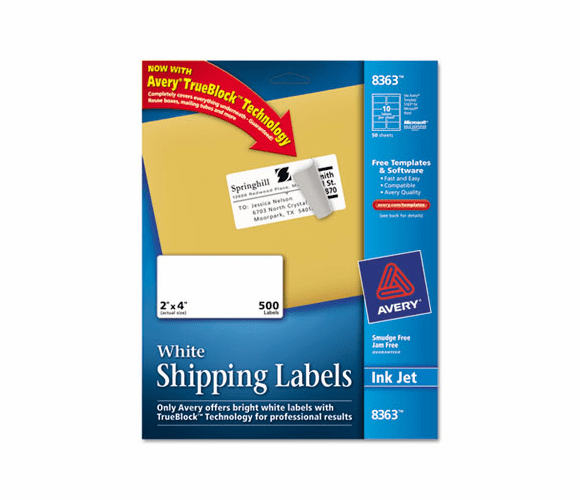 AVE8363 Shipping Labels with TrueBlock Technology, 2 x 4, White, 500/Box By AVERY-DENNISON