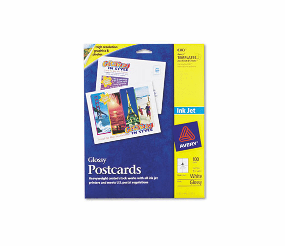 AVE8383 Inkjet Glossy Photo-Quality Postcards, 4-1/4 x 5-1/2, Four per Sheet, 100/Pack By AVERY-DENNISON