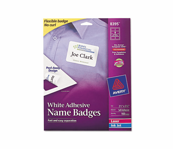 AVE8395 Flexible Self-Adhesive Laser/Inkjet Name Badge Labels, 2-1/3 x 3-3/8, WE, 160/Pk By AVERY-DENNISON