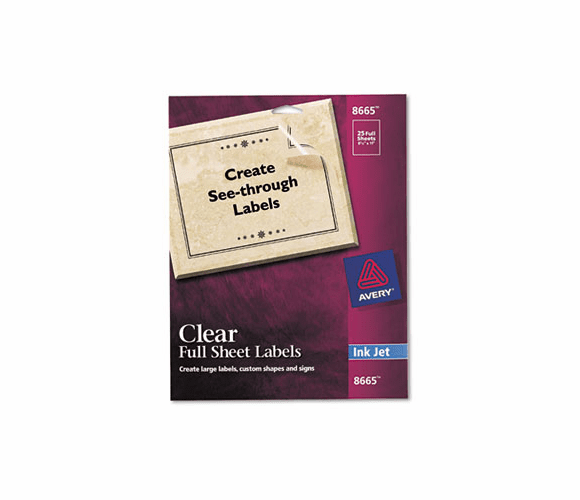 AVE8665 Full-Sheet Inkjet Labels, 8-1/2 x 11, Clear, 25/Pack By AVERY-DENNISON