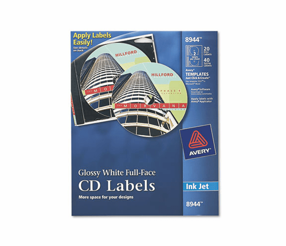 AVE8944 Inkjet Full-Face CD Labels, Glossy White, 20/Pack By AVERY-DENNISON