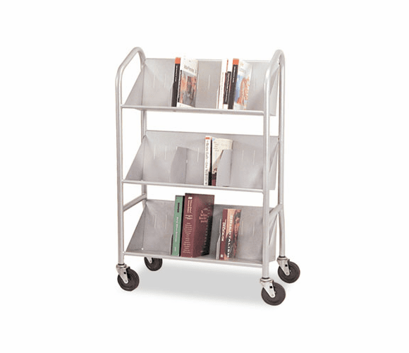 BDY54143 Sloped 3-Shelf Book Cart, 26w x 16d x 41-1/2h, Silver By BUDDY PRODUCTS